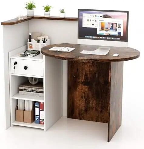 Reception Desk, Small Retail Checkout Counter with Lockable Drawer and Open Shelves, Wooden Computer Workstation for
