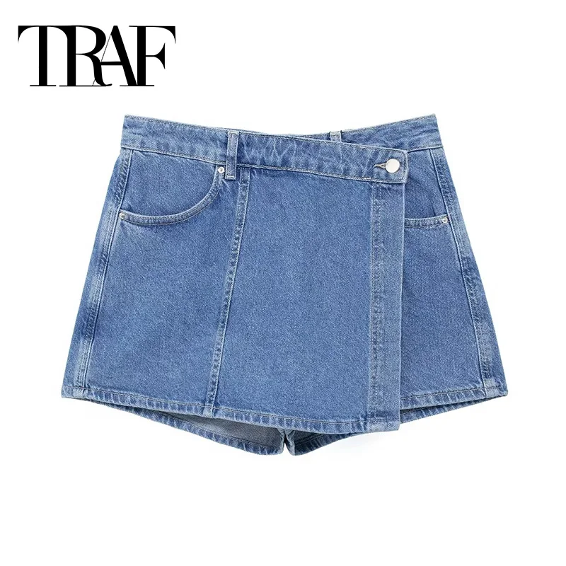 

TRAF Blue Denim Skirts Woman Asymmetric Skort For Women Summer Mini Women's Jeans Skirt Shorts Streetwear High Waist Short Skirt