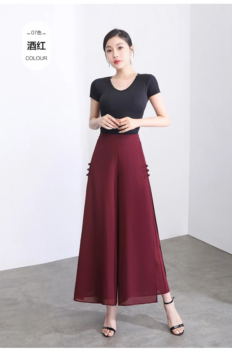 Women Side Slit Chiffon Pants Summer Thin Elastic Waist Wide Leg Pants Chic Droop Trousers Chinese Style Nine Point Pants