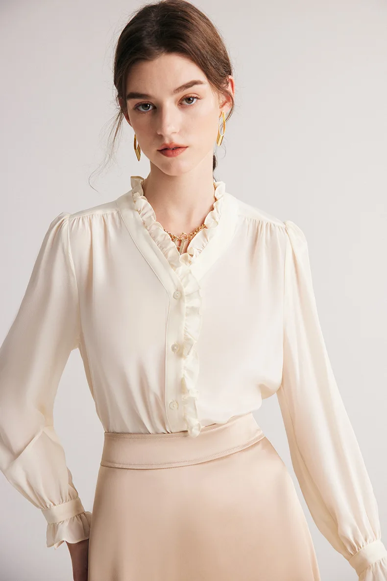 French Ladies Fashion Silk Blouse Shirt White Lace Women High Street Chic Office Outfits Top 100% Mulberry Silk Shirt Blouse