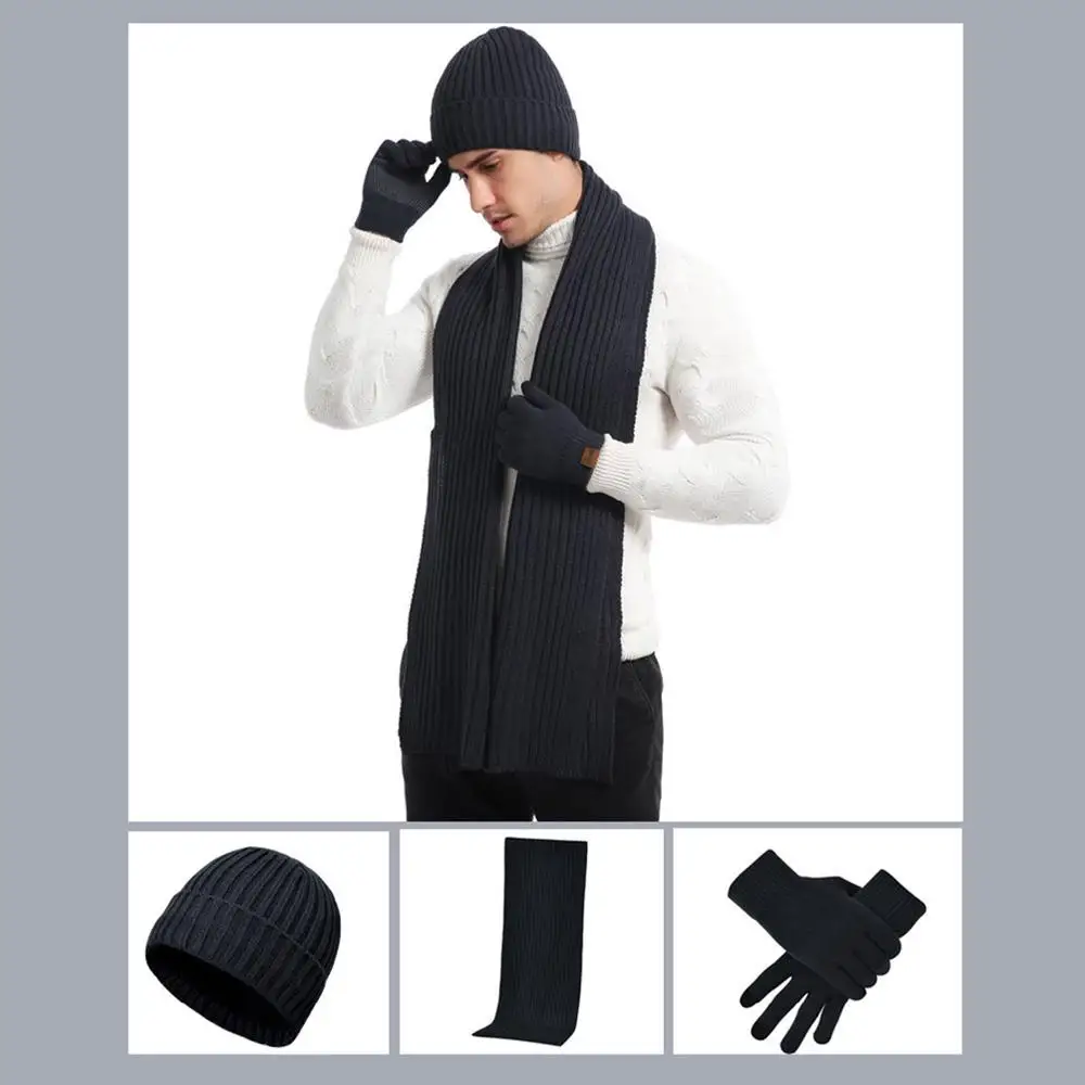 Casual Thickened Beanies Scarf Gloves Set Fleece-lined Unisex Beanie Hat Winter Warm Knit Long Scarf Neck Warmer for Women & Men