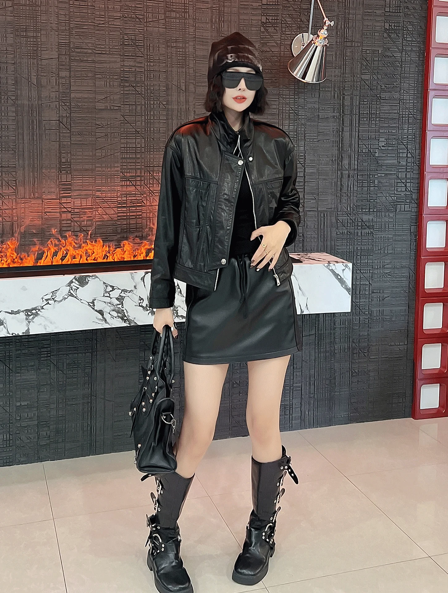 Casaco de Couro Retro para Mulheres, Estilo Biker, Ajuste Solto, Com Fecho de Zíper, Casaco Longo