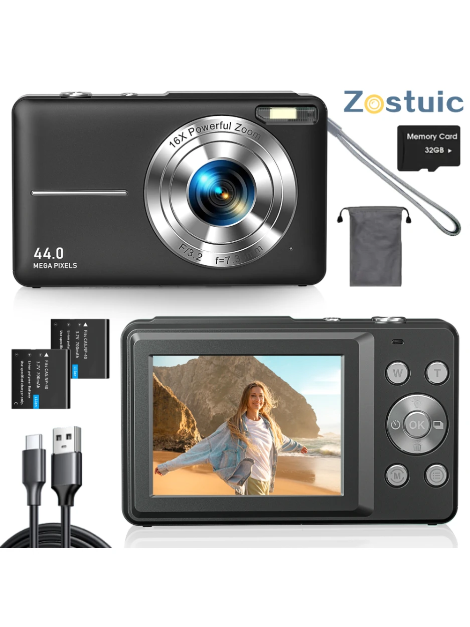 ZOSTUIC Digital Camera, FHD 1080P Camera, Digital Point and Shoot Camera with 16X Zoom Anti Shake, 32G Card Compact Camera Black