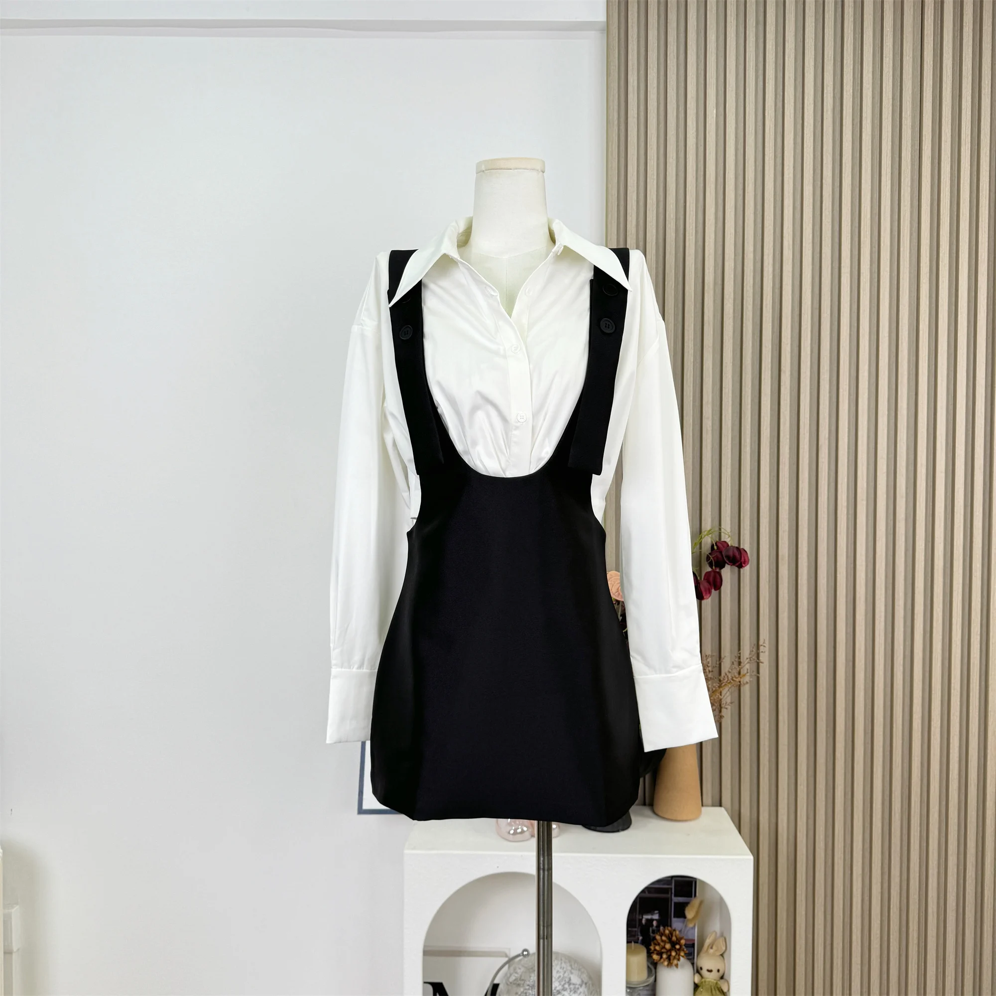 

Fall Winter Women Korean Shoujo 2000s Aesthetic Y2k Preppy Style Outfits 2 Piece Set Long Sleeve Crop Shirt + Halter Dress Mini