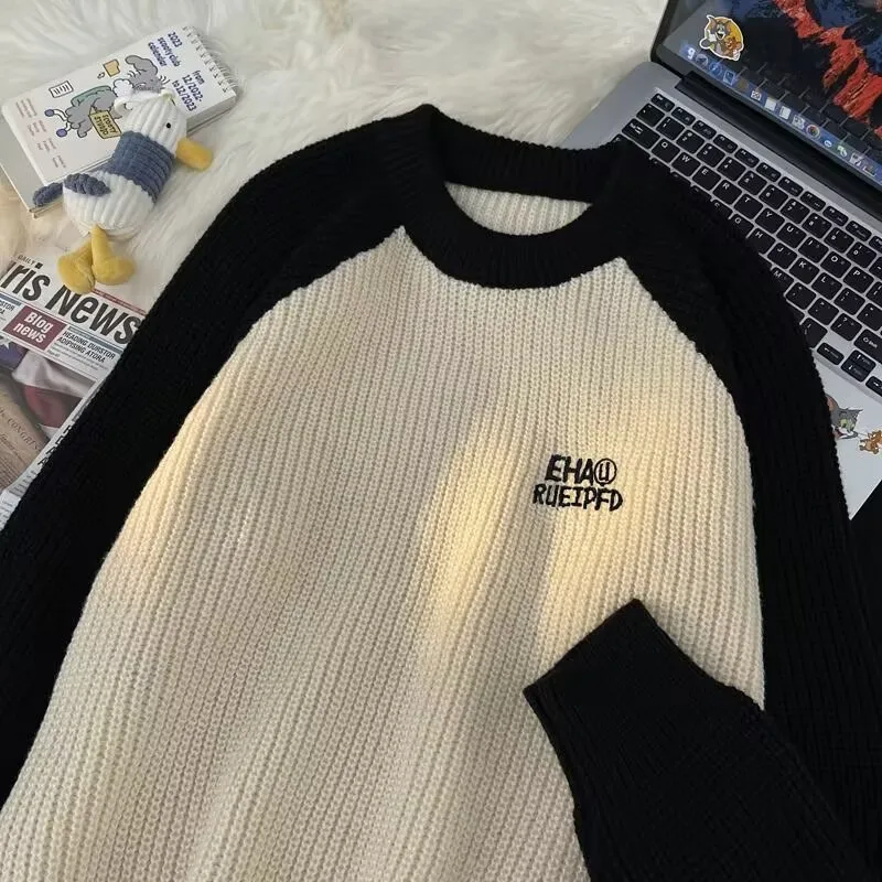 

Loose Fit Long Sve Vintage Knitwear Men's Sweater Jaet Autumn Winter plus Size 250 Pou round Ne Splicing Design Pol...