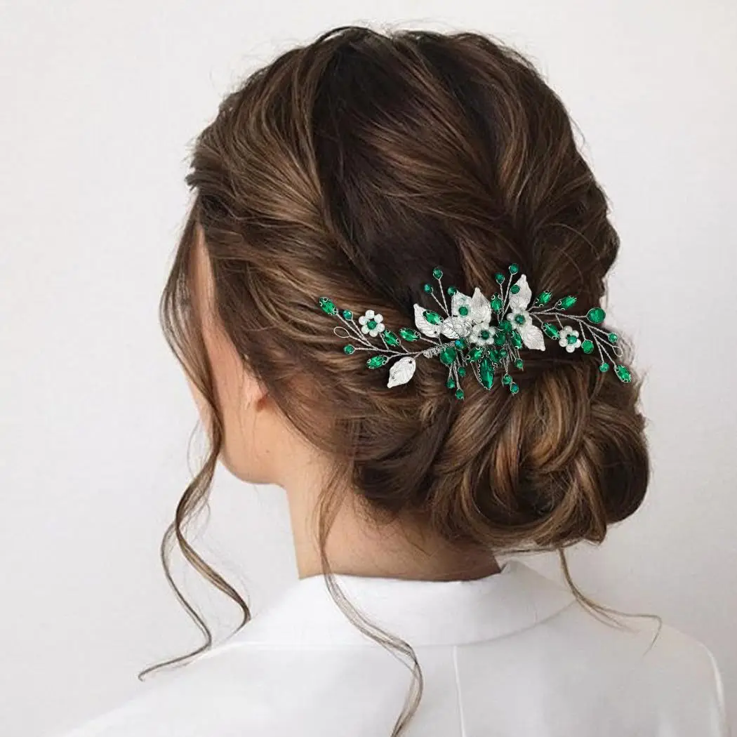 Bride Hairpins Tiaras Rhinestone Green Hair Combs For Women Fashion Beaded Golden Leaf Side Pins Bride Wedding Heapdiece Jewelry