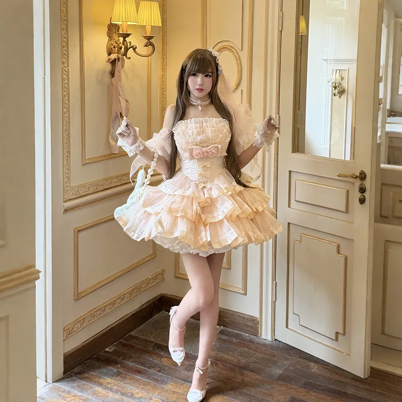 Ballet Sweet Lolita Dress Detachable Long Train Tulle Tiered Cake Skirt Princess Bridal Gown Birthday Party Photoshoot Outfit