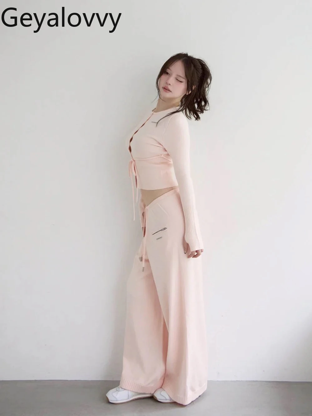 

Осенний новый однотонный кардиган с круглым вырезом и коротким галстуком в японском стиле + широкие брюки на молнии с высокой талией, комплект из двух предметов для милых девочек