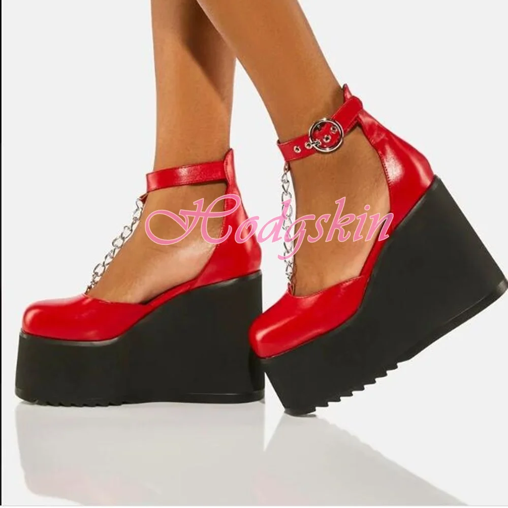 

Patent Leather Wedges Sandals Round Toe Platform T Straps Chain Ankle Buckles Sandal Women Shoes Solid Summer Banquet Red High