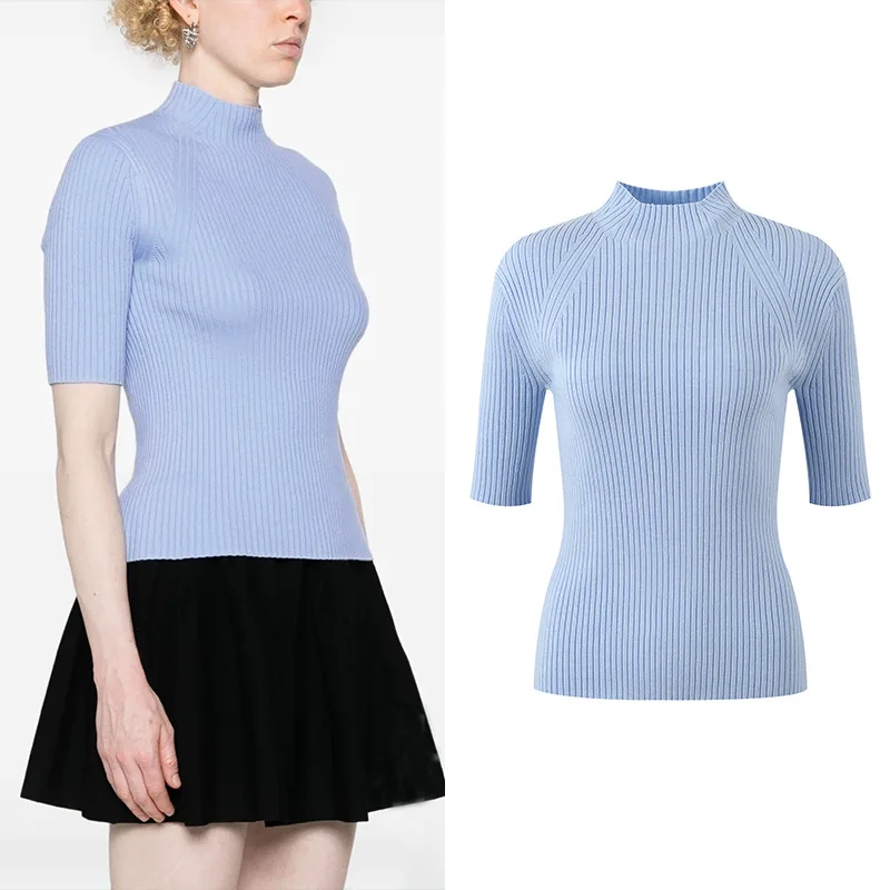 Ribbed knit T-shirt autumn new base with a slim elegant top