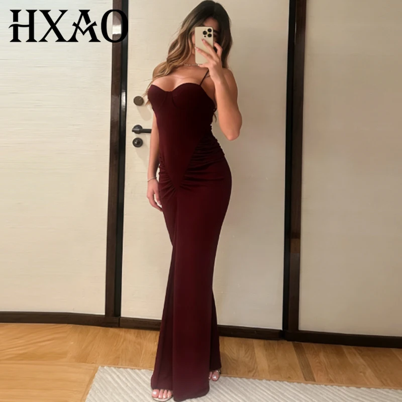 

Элегантное летнее платье-корсет HXAO с рюшами, красное, без рукавов, с открытой спиной, длинное, для выпускного вечера, 2026
