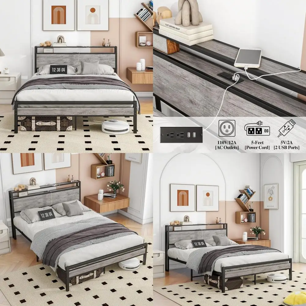

Queen Size Wood Headboard Bed Frame with Storage and Heavy Duty Metal Platform, Including Charging Station