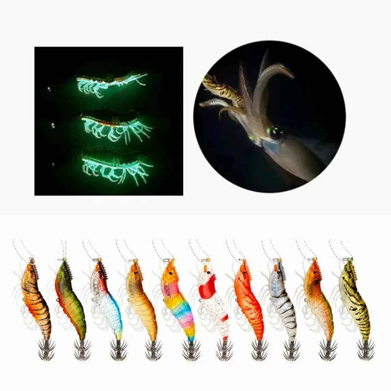 ILIRE 10Pcs Bottled Fishing Lure Simulated Wooden Shrimp 8cm15g Artificial Hard Bait Luminous Squid Wobblers Sea Fishing Tackle