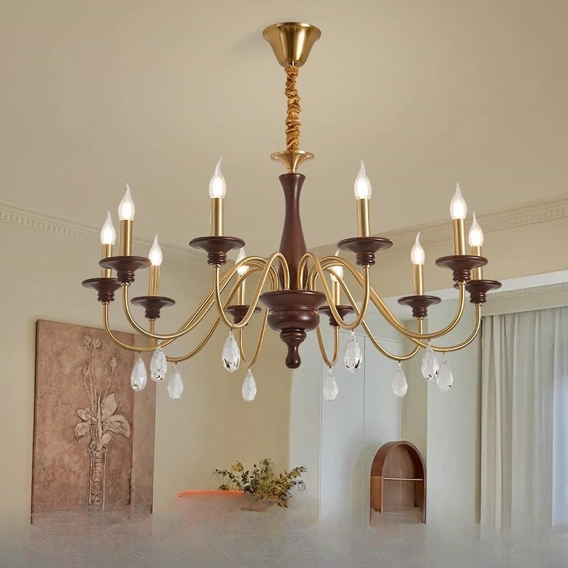 French Medieval Style Wooden Ceiling Chandeliers LED Lights Parlor Candle Retro Copper Hanging Lamps Dining Room Luxury Villa