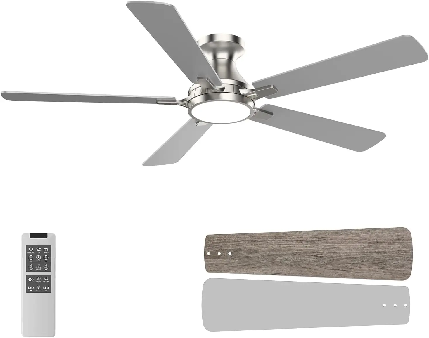 Flush Mount 52-Inch Nickel Ceiling Fan with Light, Remote Control, Low Profile, Noiseless, Reversible, Dimmable, Timer, Metal Housing, for Bedroom, Indoor & Outdoor Use