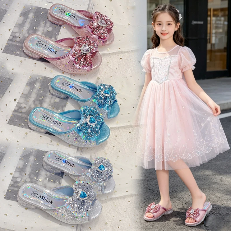 New Girls Dress Bow Slippers Princess Sequins Kids Open-toe High-heels Outdoor Slip-on Children's Causal Slippers Wedding Party