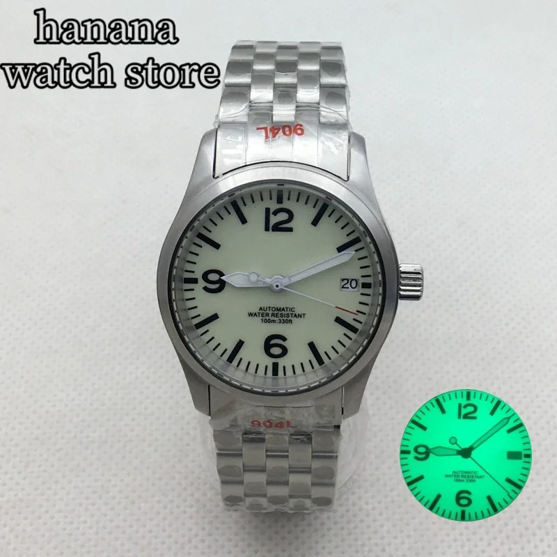 BLIGER 36mm/39mm Men\'s watch NH35 Automatic Watch Dome · Sapphire glass black dial Green luminous stainless steel bracelet