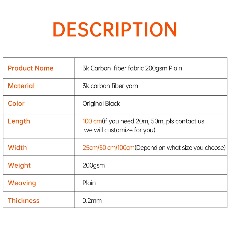 Carbon Fiber Fabric Cloth 3K 200g/m2  Plain Weave 1m length