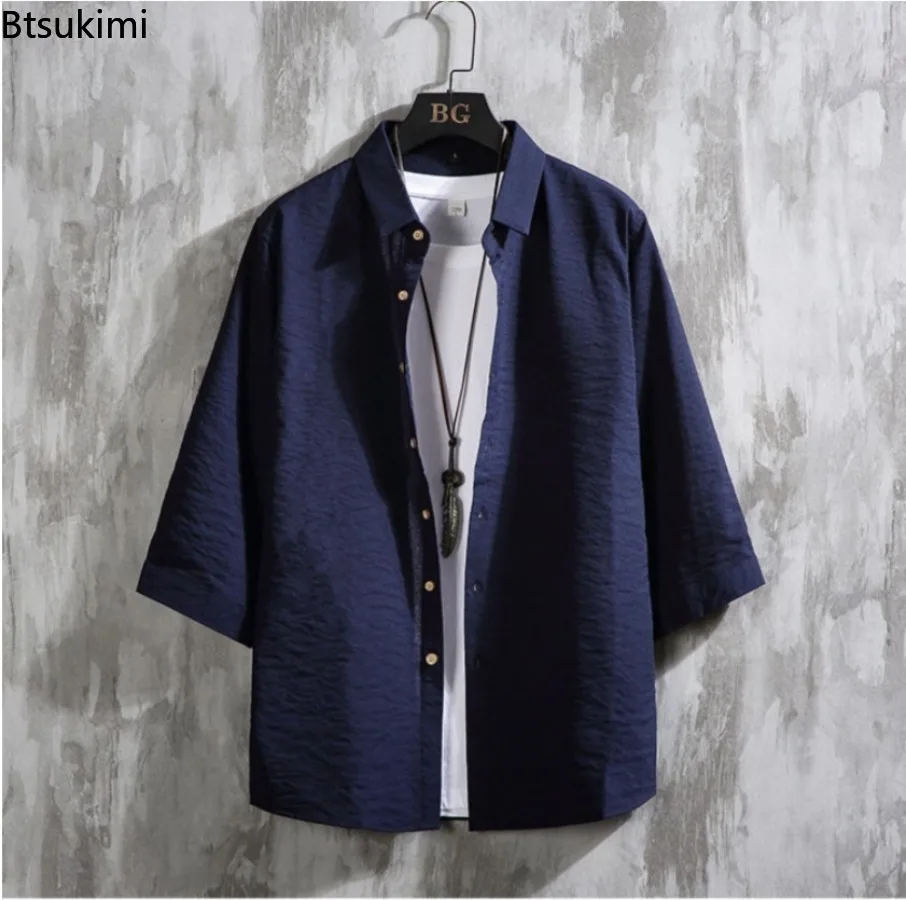 Large Size 7XL Men\'s Loose Casual Shirts Fashion Simple Solid Lapel Cardigan Tops Breathable Versatile Cotton Linen Shirt Coats