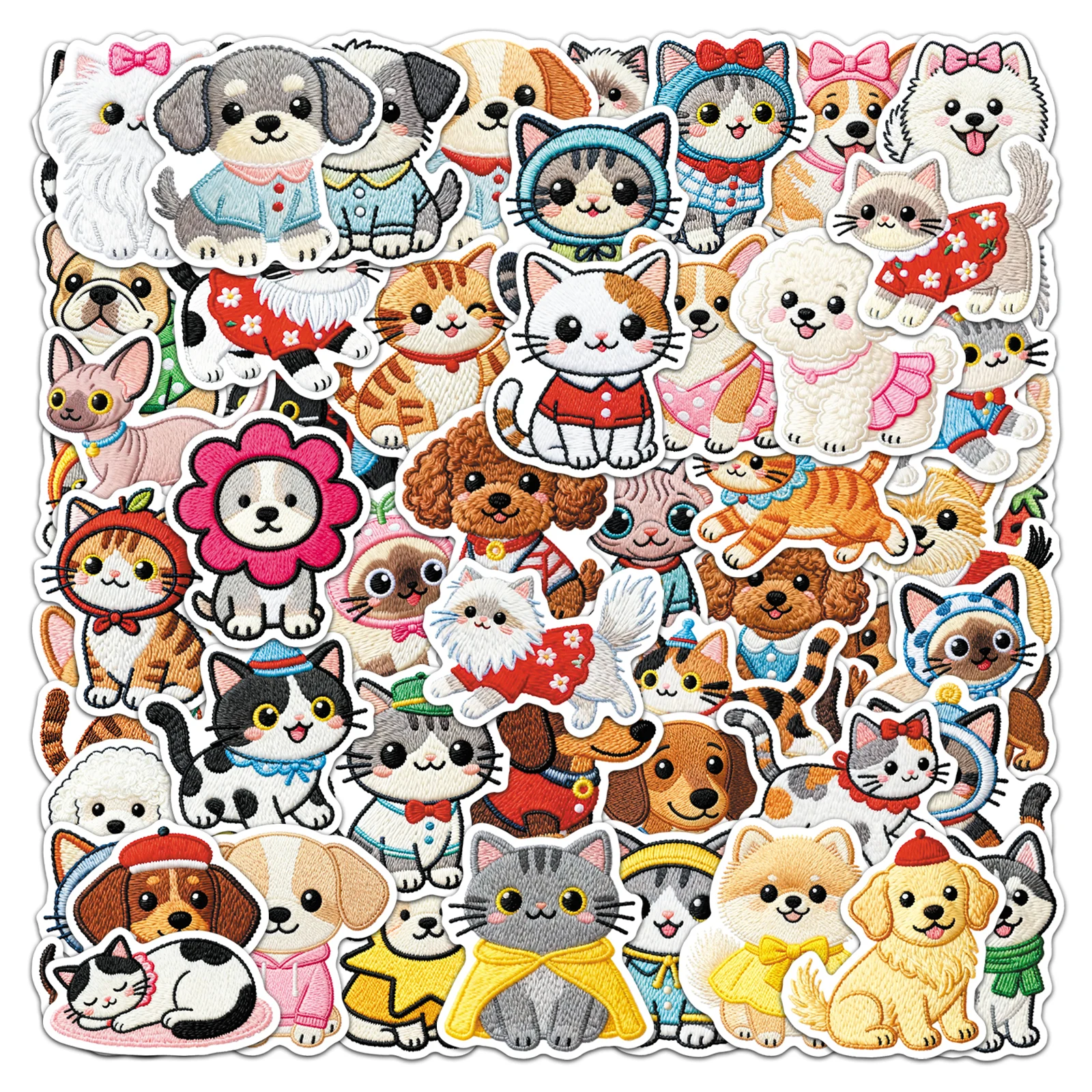50Pcs Cute Cartoon Embroidery Dogs And Cats Waterproof Sticker Skateboarding Retro home decal Sticker