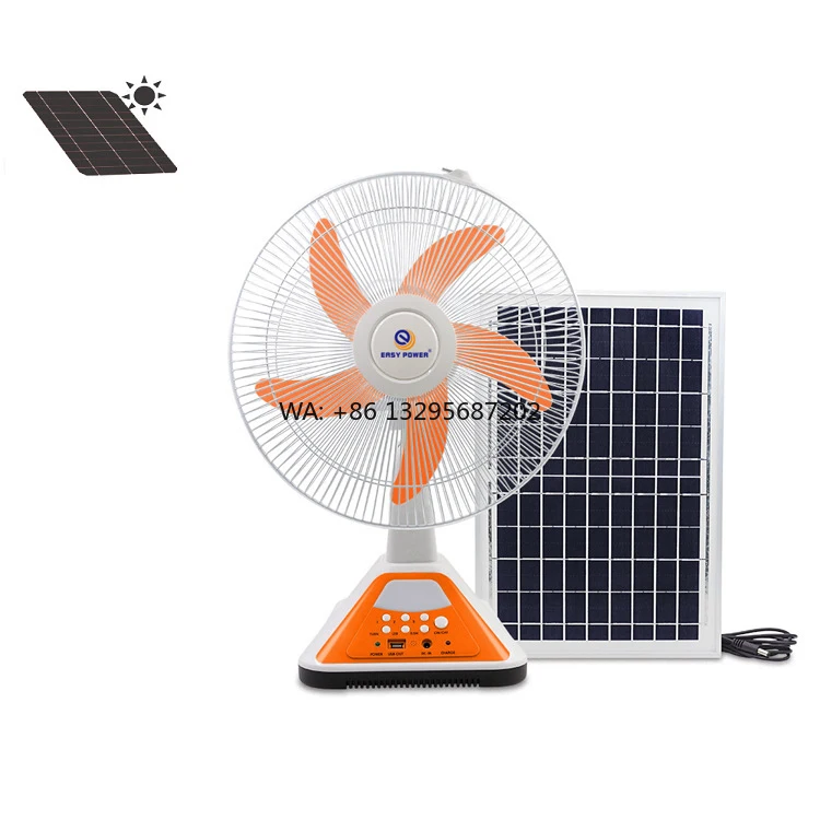 

Hot Sale 16 Inch Rechargeable Solar Fan with Built-In Lead Acid Battery AC/DC Charge Table High Wind Speed