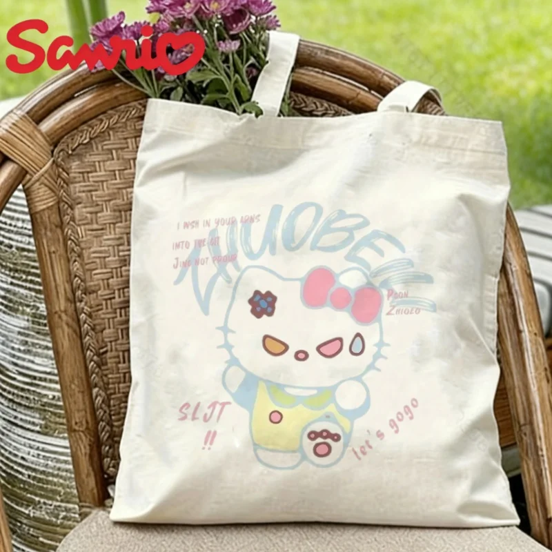 1PC Grumpy Hello Kitty Pastel Graffiti Canvas Tote Eco-friendly Reusable Shoulder Bag