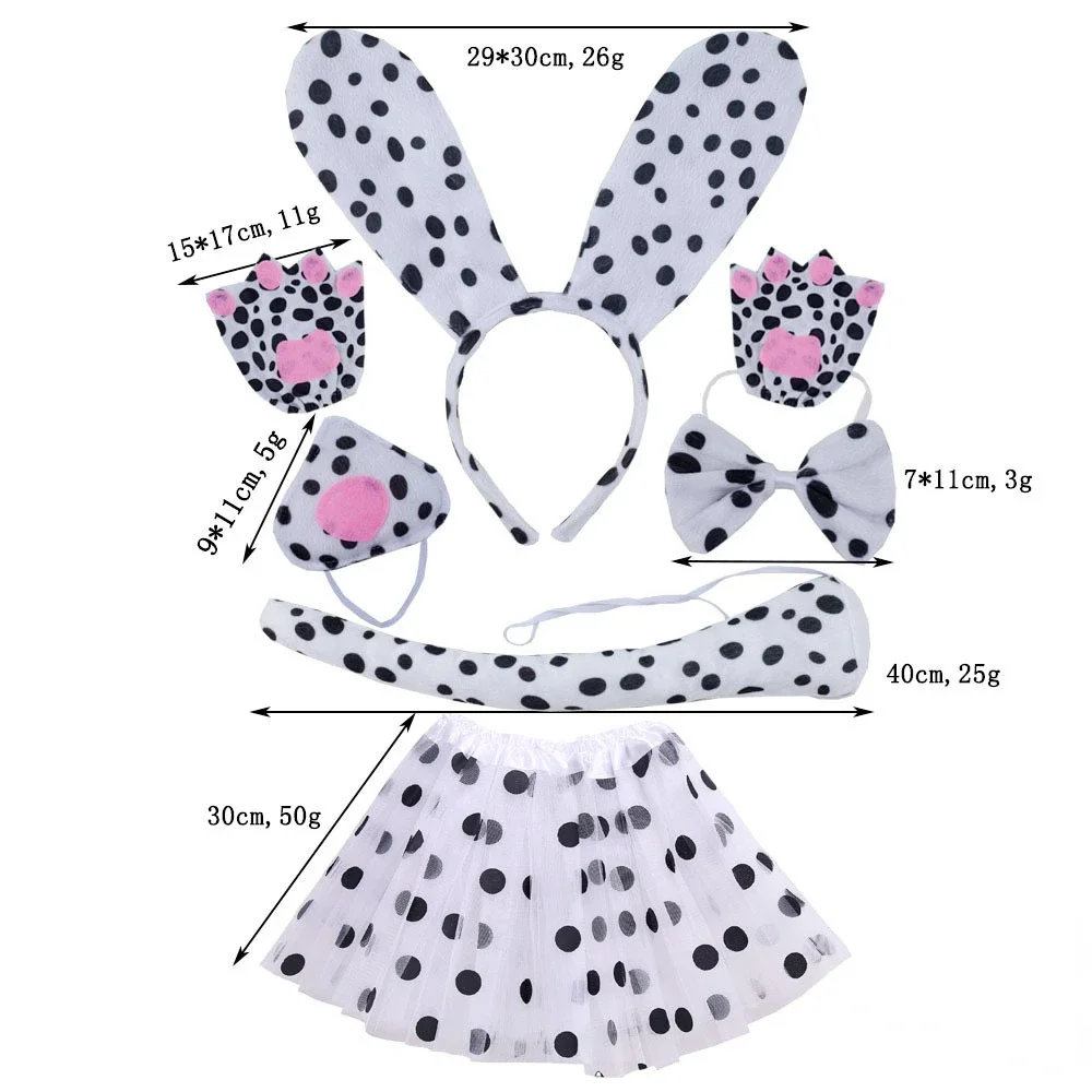 Girls Teens  Dalmatian Costume Set Dog Ears Headband Bow Tie Tail Tutu Skirt Halloween Christmas Cosplay Costume