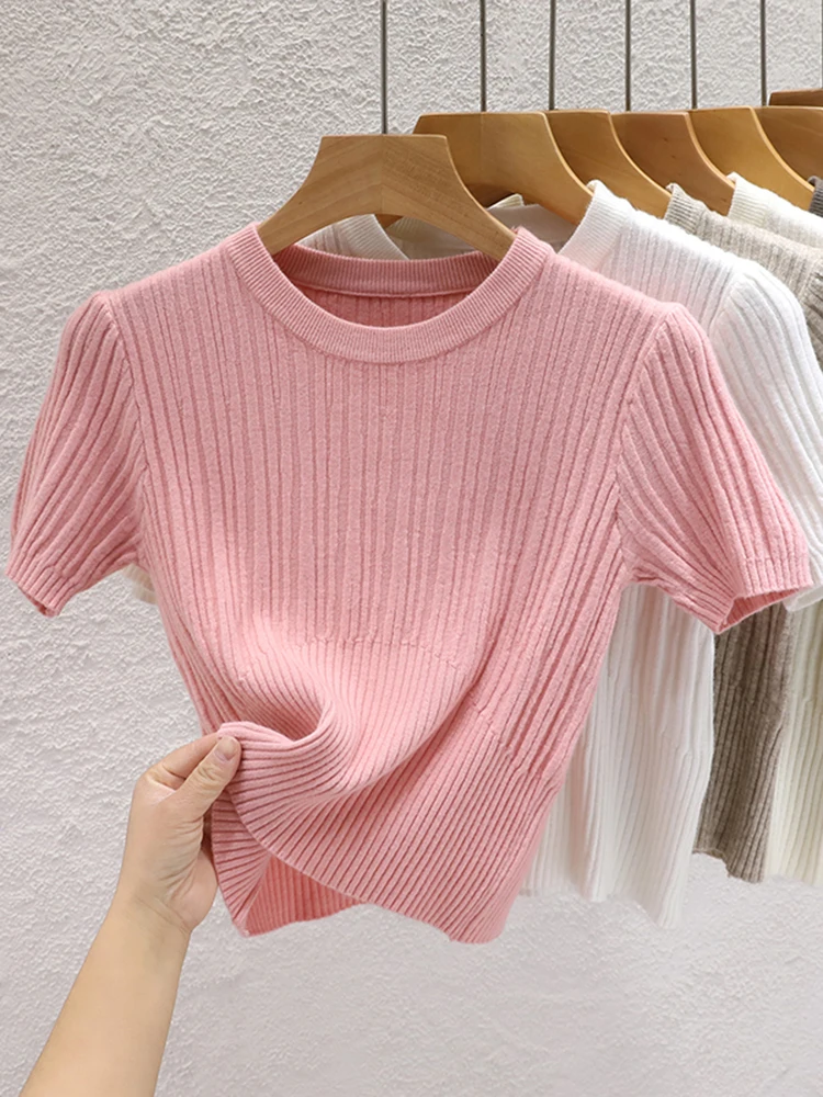 2024 letnie T-shirty damskie na co dzień koreańskie dzianinowe koszulki Streetwear Basic Solid Young fajne topy
