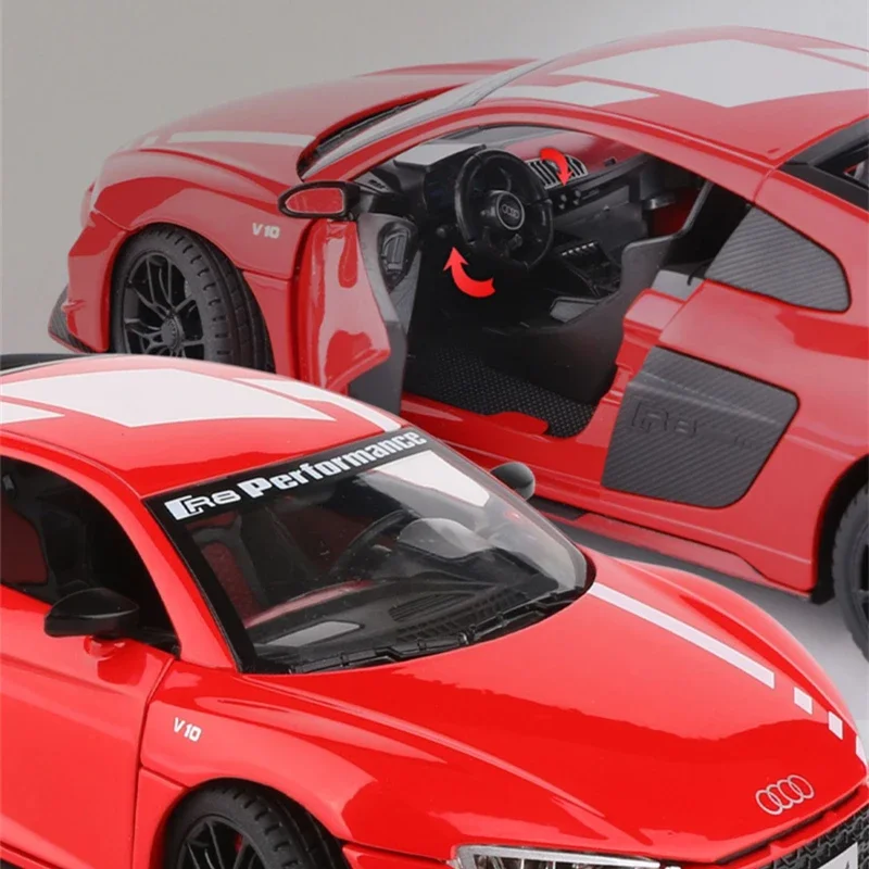 Audi R8 V10 Plus Alloy Performance Modelo de carro esportivo Diecast Metal Toy, Simulação de som e luz, Presente infantil, 1:24