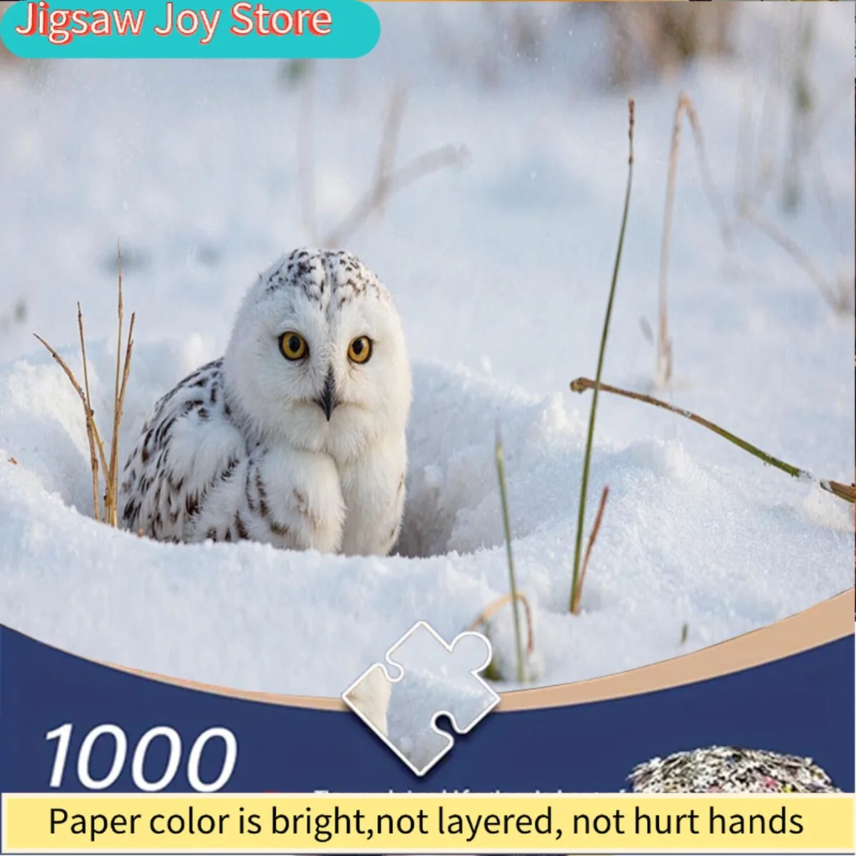 

Пазл для взрослых - Белоголовая сова с открытыми жёлтыми глазами в снегу и сухой траве - Сложная книга-пазл для взрослых и семей, P