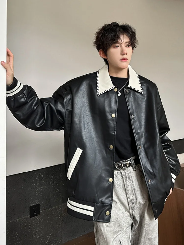 

Мужская модная куртка-косуха из искусственной кожи в стиле ретро с цветными вставками и воротником, весенне-осенняя, в американском повседневном уличном стиле