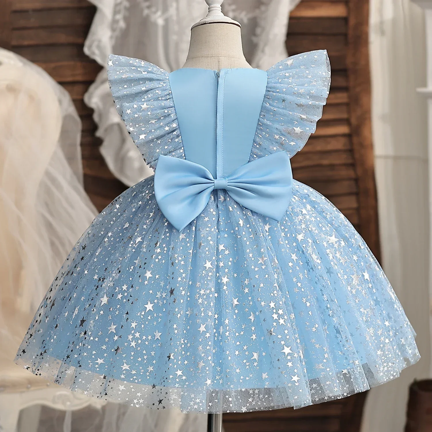 

Baby Girls Clothing Flower Ruffles Sequins Star Dress For Brithday Party Tutu Gown Elegant Children Birthday Ceremony Costume