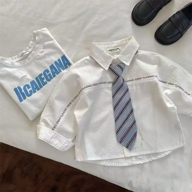 

Children's Shirt 2026 New Spring Unisex Letter Tie Long Sleeved Baby College Style Simple White Shirt