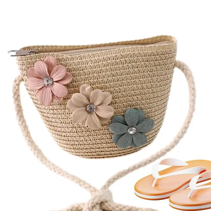 Straw Bag Little Girls Flower Straw Shoulder Crossbody Bag Fashion Straw Purses Crossbody Bag Cute Girlish Woven Bag For Girls