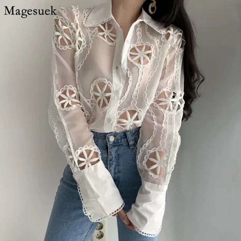 New Spring Long Sleeve White Blouse Women Sexy Hollow Out Floral Embroidery Female Shirt Tops Vintage Loose Casual Blouses 13369