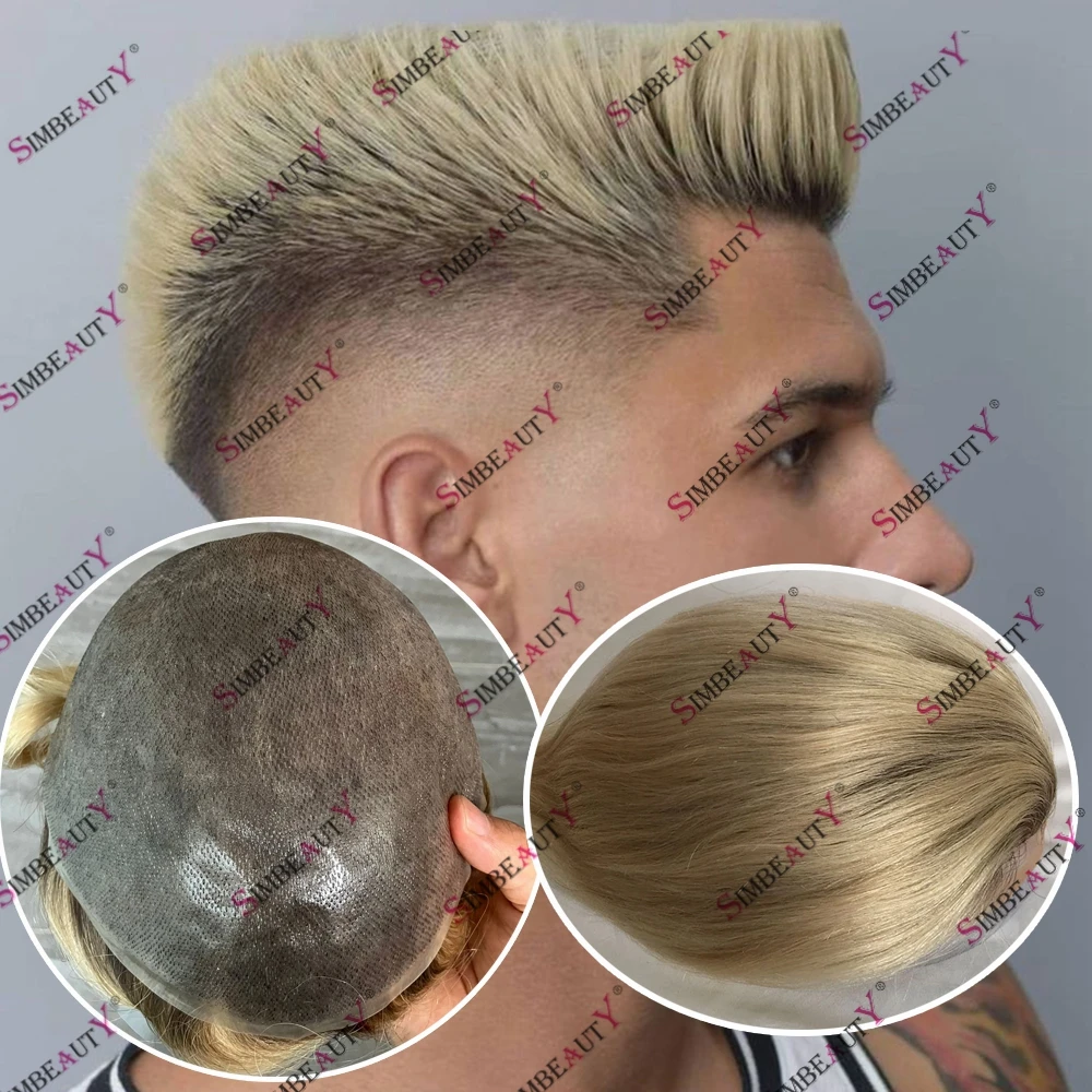 

Blonde Ombre Brown Root Men's Human Hair Invisible Natural Hairline Toupee Vlooped Quality Skin Base Straight/Wavy Hair Option