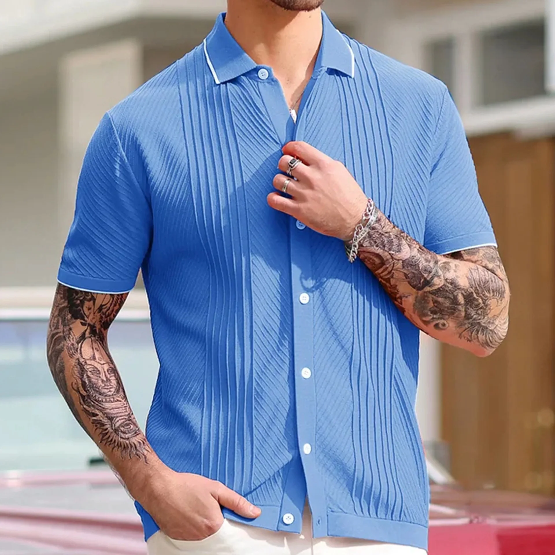 Summer New Men's Fashion Temperament Lapel Single Breasted Spliced Knitwear  Knit Short Sleeve Slim Business Polo Shirt M-3XL