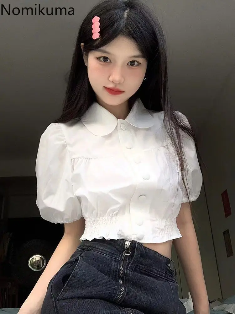 White Crop Tops Korean Blouses for Women Puff Sleeve Single Breasted Tunic Shirts 2024 Blusas Mujer De Moda Summer Sweet Blouse