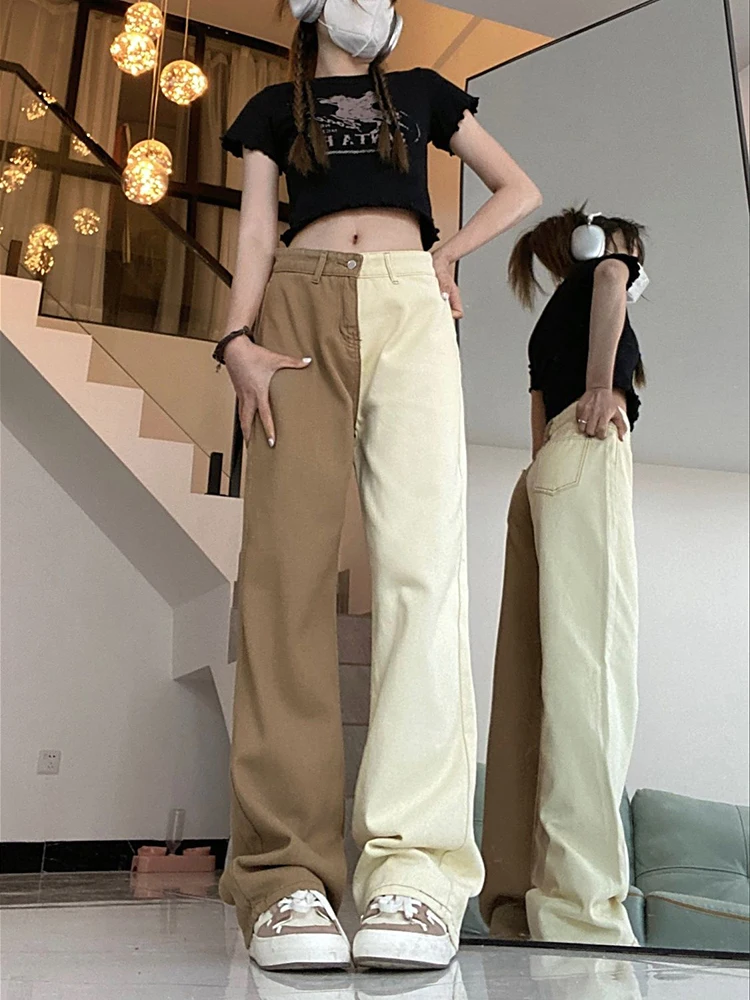 

Splicing dual color high waisted retro style jeans women versatile straight leg stylish slimming and floor length pants