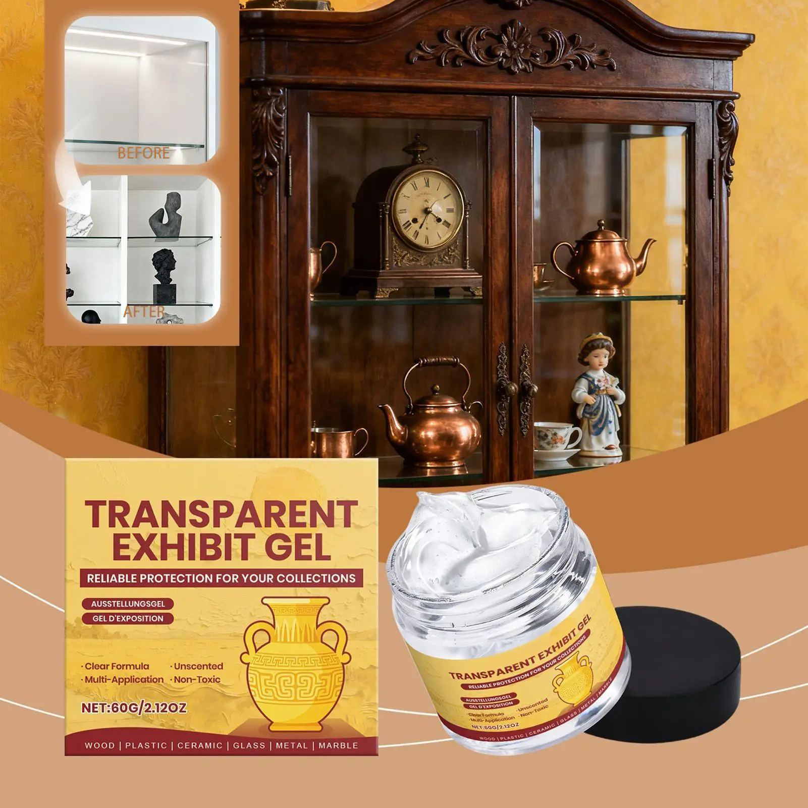 

Прозрачный съемный экспонированный гель, музейный воск, 60 г, клей для антиквариат, керамики, стекла, фигурки, художественная галерея, сохранение дисплея, безопасность