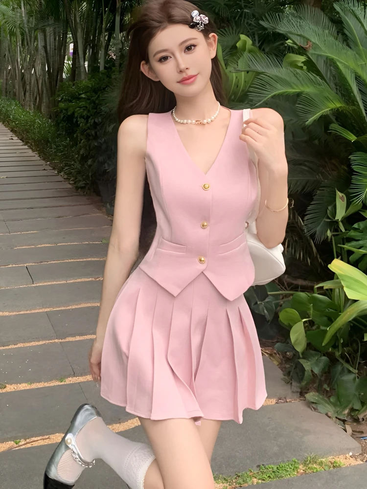 Summer Sweet Commuter Pink Suit Women's 2024 New Single-Breasted Vest Top+High Waist Pleated Skirt Slim-Fit Two-Piece Set