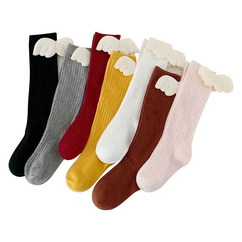 Spring Autumn Kids Socks for Girls White Angle Wing High Tube Cute Children Cotton Long Red Baby Knee High Socks