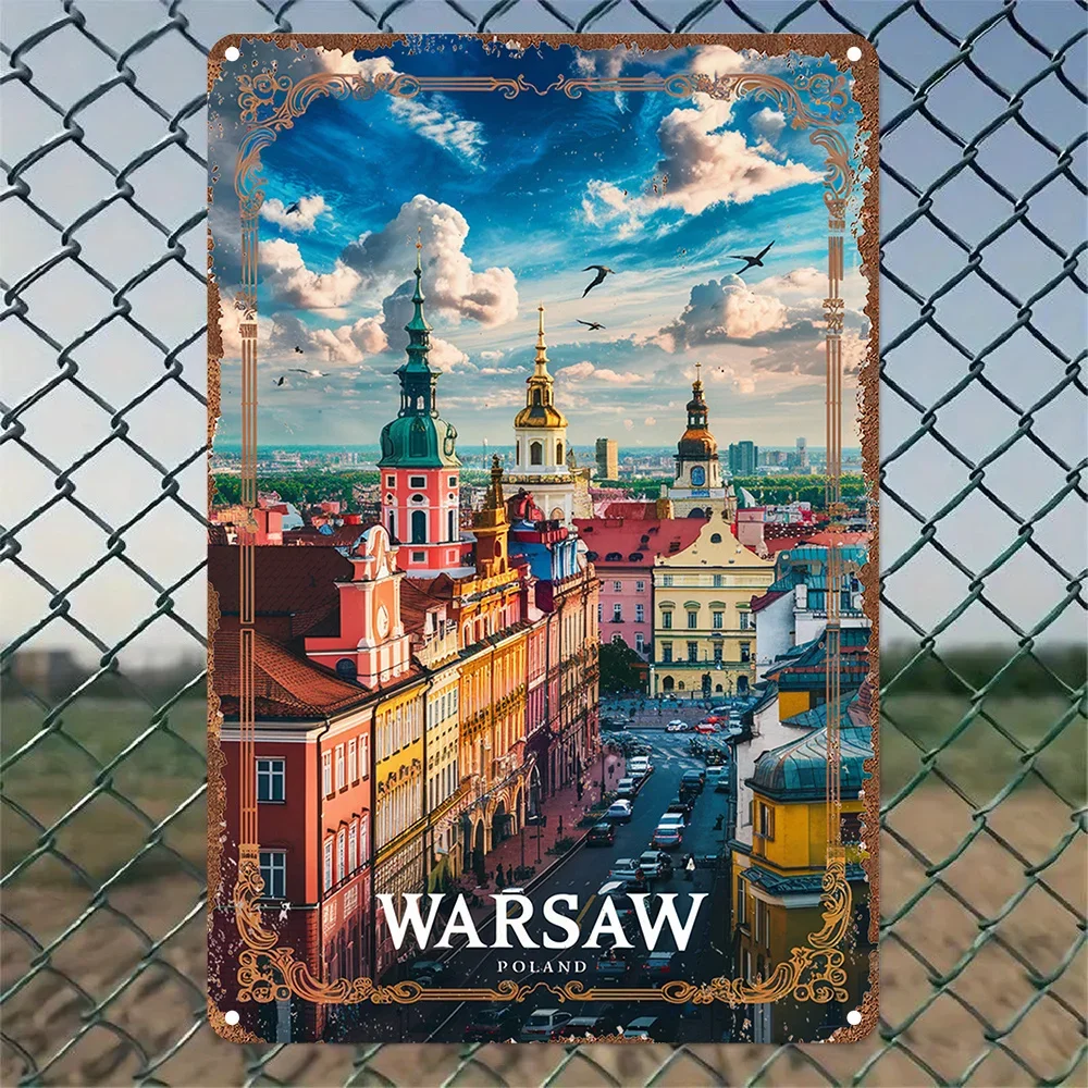 Warsaw Cityscape Metal Sign， Vintage Aluminum Wall Art, 2D Decorative Plaque for Bedroom, Kitchen, Game Room, Garden, Porch, Bar