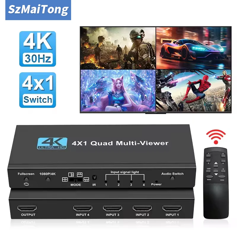 4K 4x1 HDMI Multi-viewer switcher 4K Seamless Quad Screen Real Time Multi Viewer Splitter 4 in 1 out HDMI Switch Adapter with IR