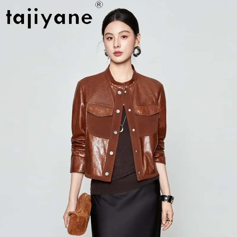 TAJIYANE Genuine Leather Jacket Woman Oil Waxed Sheepskin Stand Collar Leather Coat Biker Cropped Jacket of Woman Spring Jaqueta