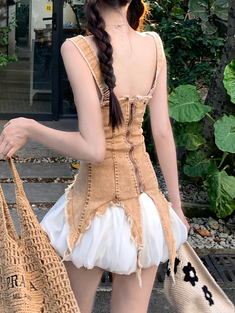 2 Two Piece Skirts Suits Women High Street Camisoles Denim Tops Zipper Irregular Vest Elastic Waist White Short Mini Skirts
