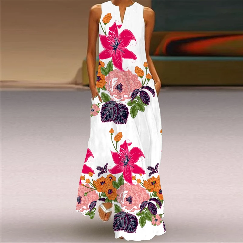 Flowers Print 2024 White Dresses Casual Elegant Spring Summer Long Dresses Woman Sleeveless Beach Party Dress Women Pockets