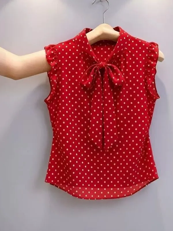 Elegant Polka Dot Sleeveless Women's Shirt Summer New  Knot Tie Design Slimming Commute Chiffon Blouse Breathable