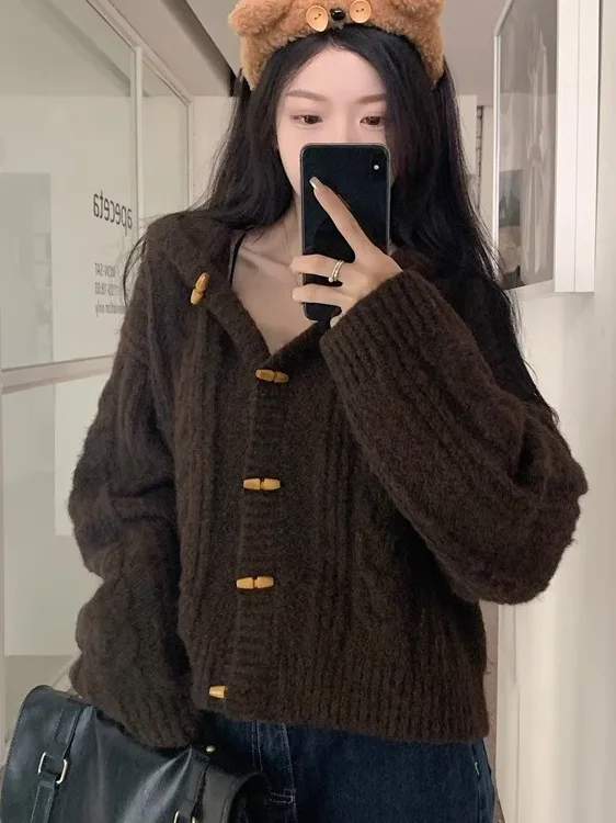 

Корейский свитер на пуговицах с витым рогом, пальто, женский осенне-зимний новый вязаный открытый кардиган, ленивая шляпа, топ