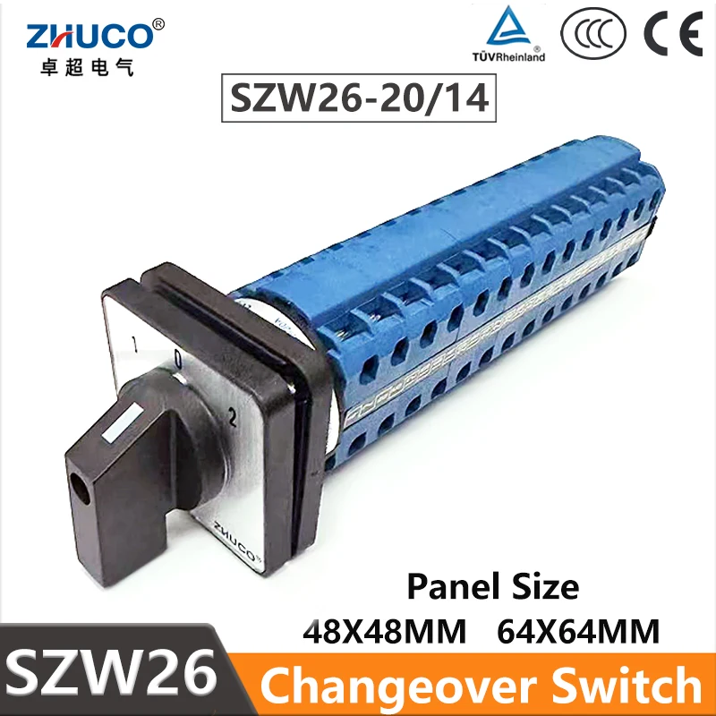 

ZHUCO SZW26/LW26-20 3 Position 56 Terminals 14 Gears 20A Rotary Changeover Cam Interruptor Universal Selector Switch 48X48mm
